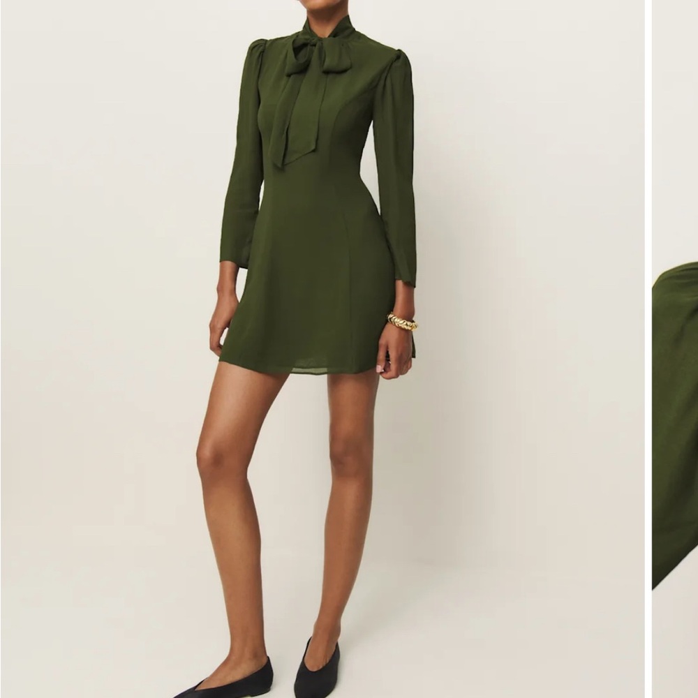 Reformation Forest Green Bow-Tie Mini Dress